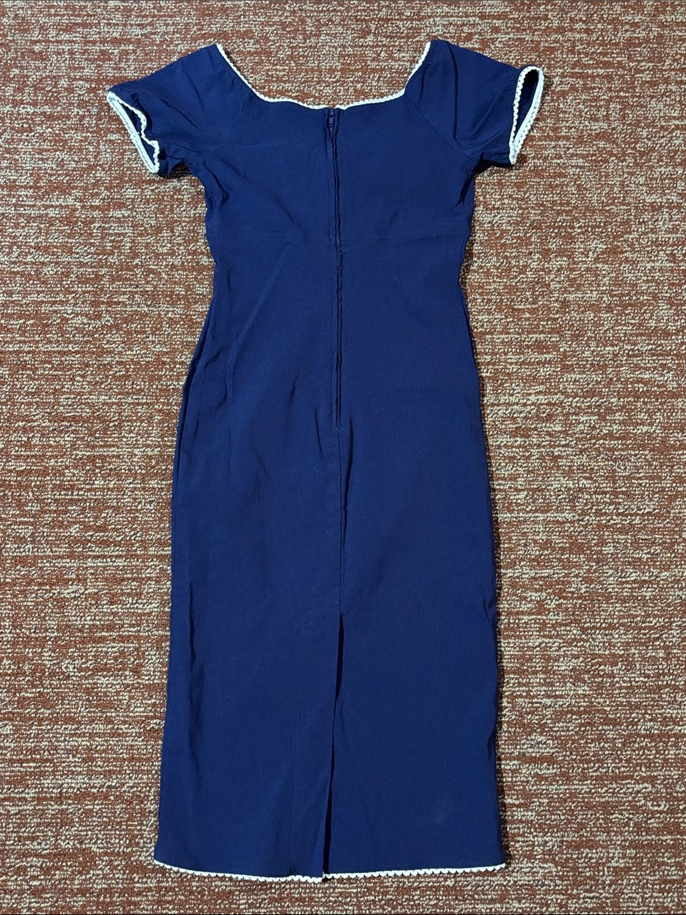 Vintage style fitted stretch navy blue sailor dress eyelet trim tie detail Med - Picture 2 of 16